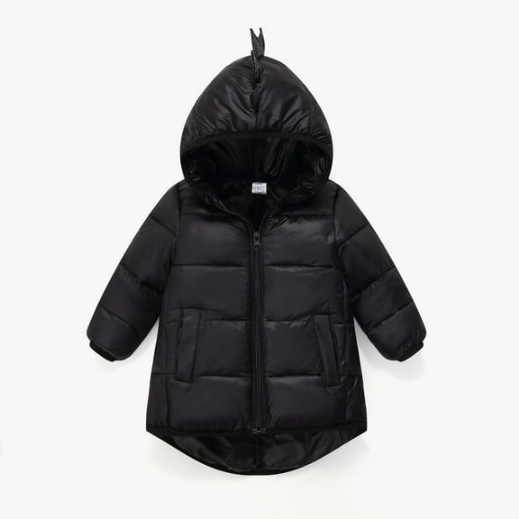 Spazoro Toddler Girls Parka Jackets, Fleece Padded Full-Zip Windproof Dinosaur Hood Winter Coat for Kids Black Size 2 T