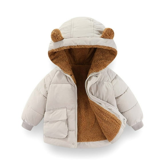 Spazoro Toddler Girls Parka Jackets, Fleece Padded Thicken Full-Zip Bear Ear Hood Winter Coat for Kids Beige Size 4 T