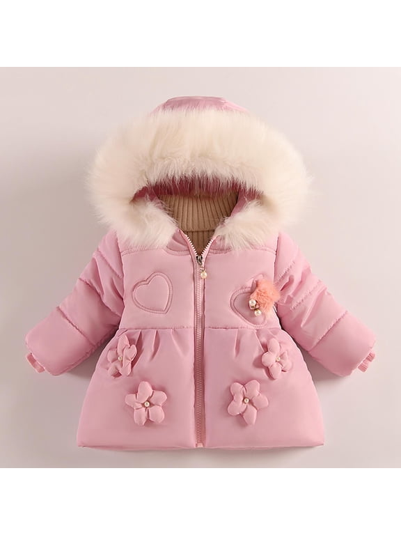 Toddler Girls Parka Jackets, Windproof Faux Fur Hood Fleece Padded Full-Zip Winter Coat for Kids Pink Size 4 T