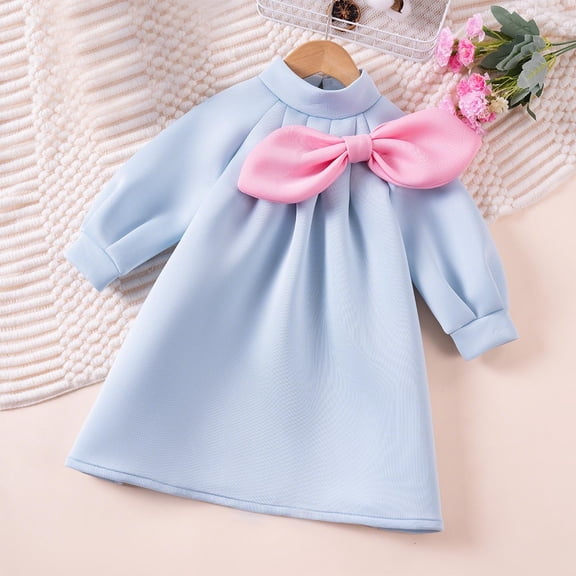 Spazoro Toddler Girls Princess Dress, Fall & Winter Bow Knot Long Sleeve Solid Color Dresses for Child Blue Size 4 T
