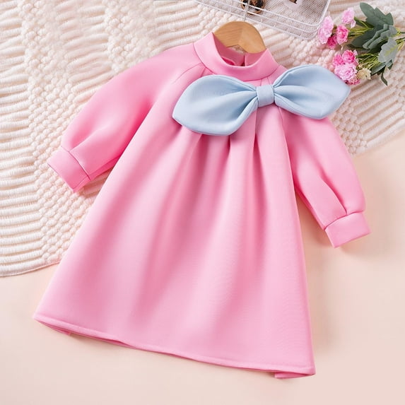 Spazoro Toddler Girls Princess Dress, Long Sleeve Fall & Winter Solid Color Bow Knot Dresses for Child Pink Size 4 T