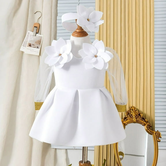 Spazoro Toddler Girls Princess Dress, Long Sleeve Flower Mesh Cotton Dresses for Party White Size 70