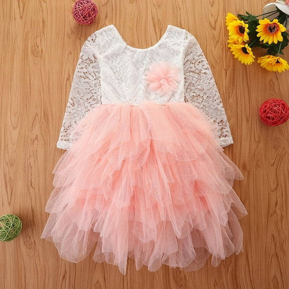 Spazoro Toddler Girls Princess Dress, Mesh Cotton Long Sleeve Solid Color Dresses for Party Pink Size 4 T