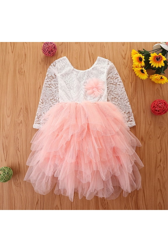 Toddler Girls Princess Dress, Mesh Long Sleeve Cotton Solid Color Dresses for Party Pink Size 2 T
