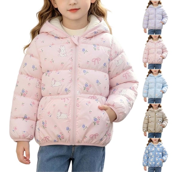 Spazoro Toddler Girls Puffer Jacket with Side Pockets, Long Sleeve Hooded Collar Cartoon Floral Print Lightweight Padded Regular Fit Warm Outerwear Coat for Kids Pink Size 3-4 T