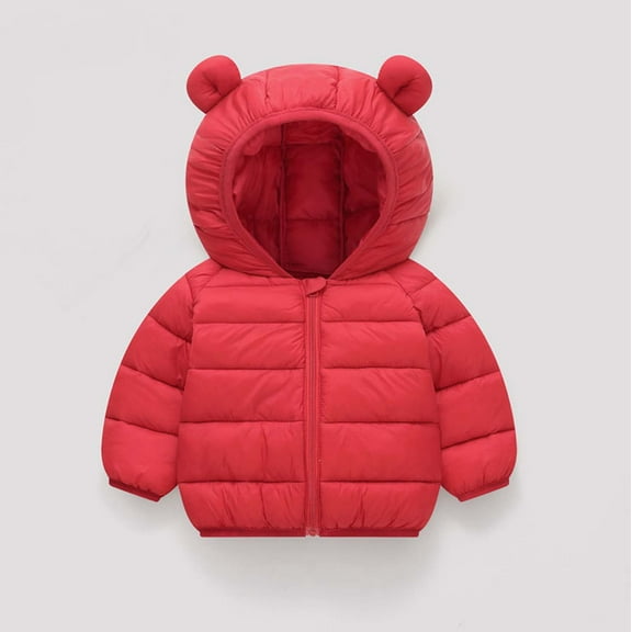 Spazoro Toddler Girls Puffer Jackets, Windproof Bear Ear Hood Full-Zip Fleece Padded Winter Coat for Kids Red Size 1 T