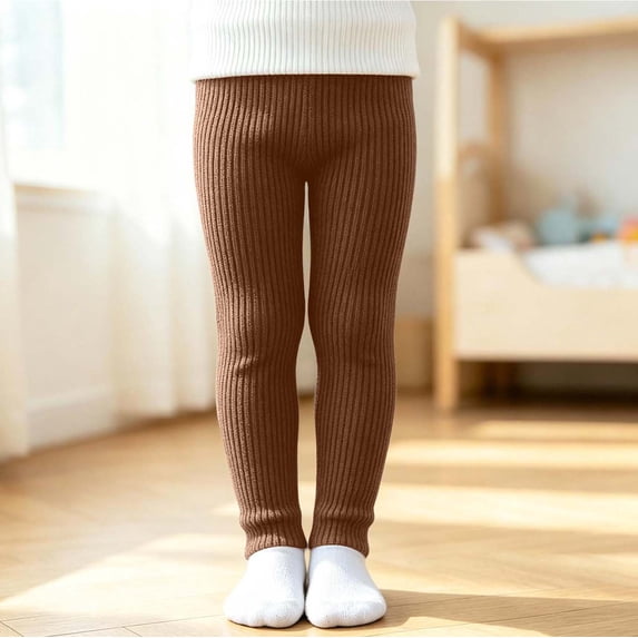 Spazoro Toddler Girls Ribbed Leggings, Stretchable Solid Color Elastic Waist Skinny Fit Long Pant Leg Casual Knit Bottoms for Layering Daily Wear Brown Size 1-2T