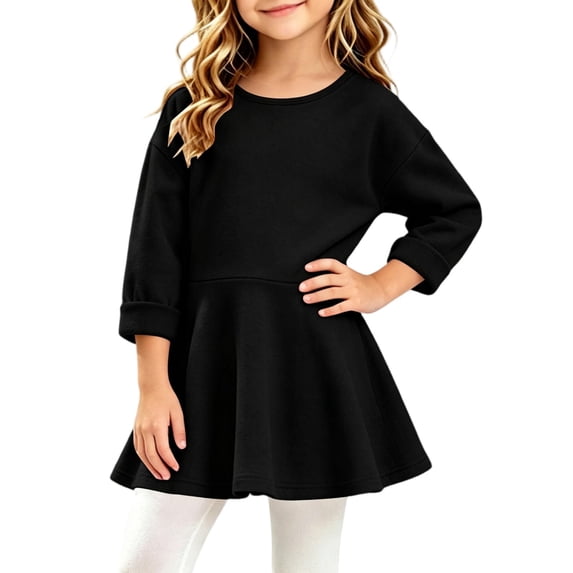 Spazoro Toddler Girls Skater Dress, Soft Solid Color Stretchy Long Sleeve Crewneck Fall Swing A‑Line Dresses for Kids Black Size 3-6Months