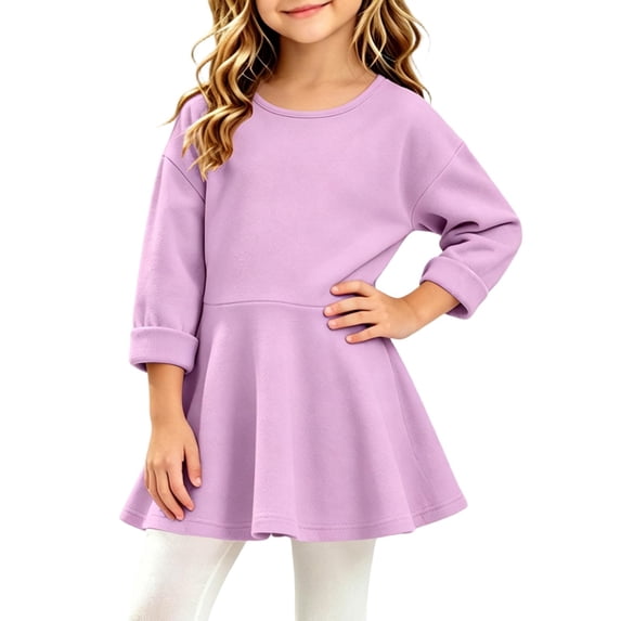 Spazoro Toddler Girls Skater Dress, Stretchy Solid Color Soft Long Sleeve Crewneck Fall Swing A‑Line Dresses for Kids Purple Size 9-12Months