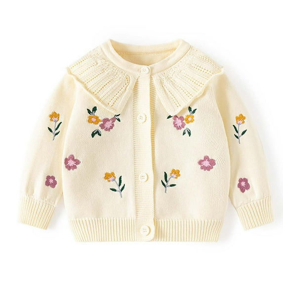 Spazoro Toddler Girls Sweaters, Fall Winter Button Down Long Sleeve Cute Print Cotton Cardigan for Child Girls Beige Size 18 Months