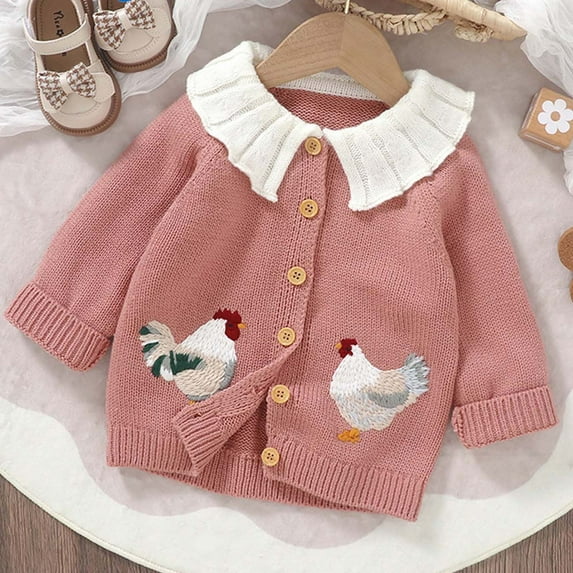 Spazoro Toddler Girls Sweaters, Fall Winter Cute Chicken Button Down Long Sleeve Cardigan for Child Girls Pink Size 2 T