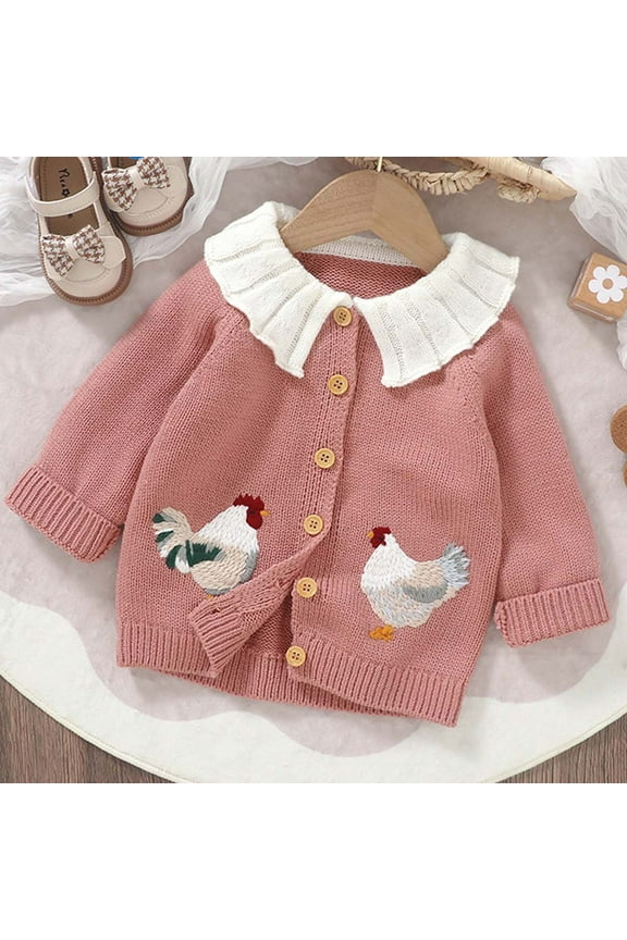 Toddler Girls Sweaters, Fall Winter Cute Chicken Button Down Long Sleeve Cardigan for Child Girls Pink Size 2 T