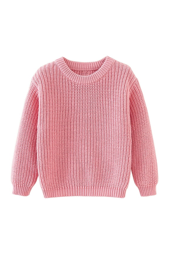Toddler Girls Sweaters, Knitted Cotton Crew Neck Long Sleeve Fall Winter Pullover Tops for Kids Girls Boys Pink Size 2 T