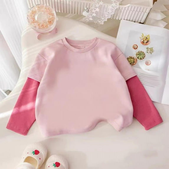 Spazoro Toddler Girls Sweatshirts, Casual Color Block Patching Long Sleeve Crew Neck Pullover Tops for Kids Girls Boys Pink Size 2 T