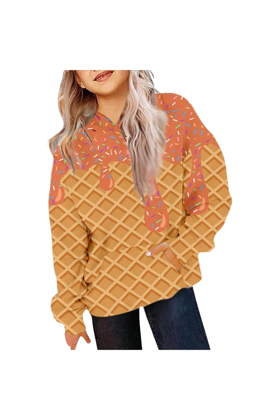 Toddler Girls Sweatshirts, Ice Cream Print Crew Neck Casual Long Sleeve Pullover Tops for Kids Girls Boys Orange Size 4 T