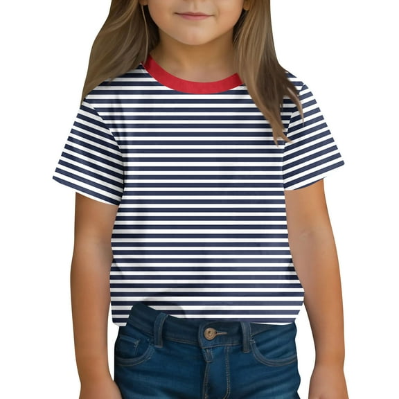 Spazoro Toddler Girls T-shirts, Casual Crewneck Striped Summer Short Sleeve Tops Tee Navy Size 4 T