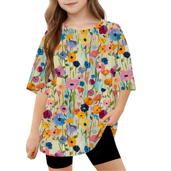 Spazoro Toddler Girls T-shirts, Casual Crewneck Summer Floral Print Short Sleeve Tops Tee Multicolor Size 5 T