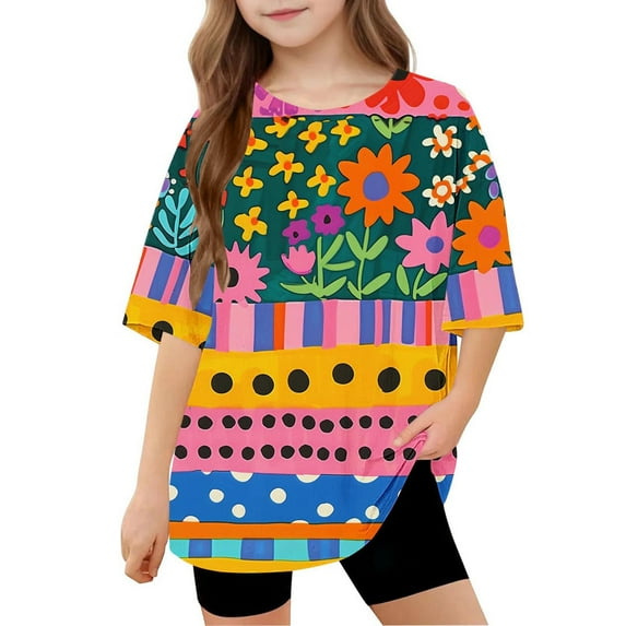 Spazoro Toddler Girls T-shirts, Casual Crewneck Summer Floral Print Short Sleeve Tops Tee Multicolor Size 5 T