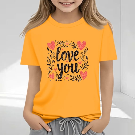 Spazoro Toddler Girls T-shirts, Casual Love Mom Crewneck Summer Short Sleeve Tops Yellow Size 2-13T