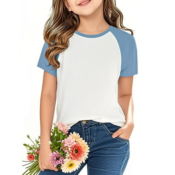 Spazoro Toddler Girls T-shirts, Casual Solid Color Crewneck Summer Short Sleeve Tops Blue Size 3-14 T