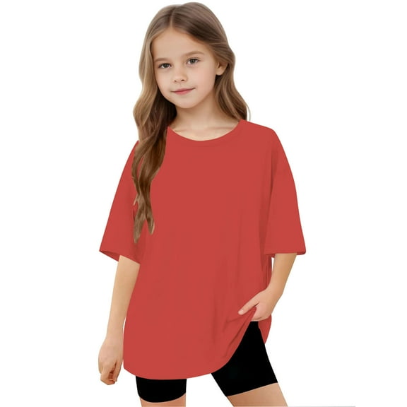Spazoro Toddler Girls T-shirts, Casual Solid Color Summer Crewneck Short Sleeve Tops Red Size 5-15T
