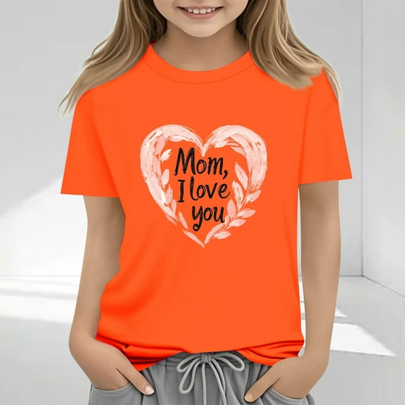 Spazoro Toddler Girls T-shirts, Casual Summer Crewneck Love Mom Short Sleeve Tops Orange Size 2-13T