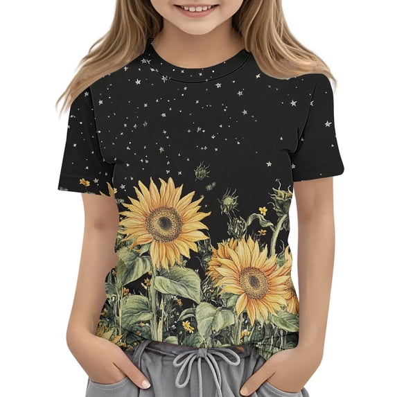 Spazoro Toddler Girls T-shirts, Casual Summer Printed Crewneck Short Sleeve Tops Tee Black Size 7-8T