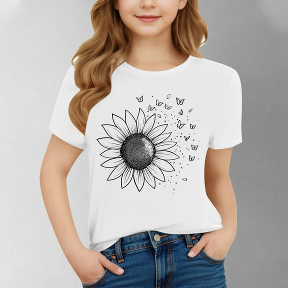 Spazoro Toddler Girls T-shirts, Crewneck Casual Summer Graphic Short Sleeve Tops Tee White Size 7-8T