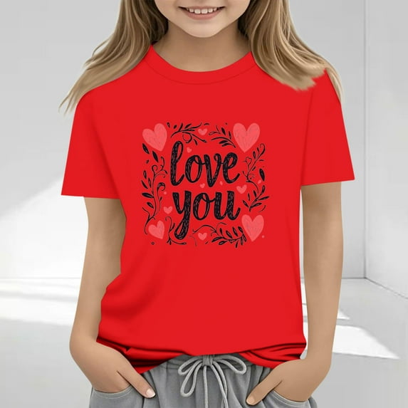 Spazoro Toddler Girls T-shirts, Crewneck Casual Summer Love Mom Short Sleeve Tops Red Size 2-13T