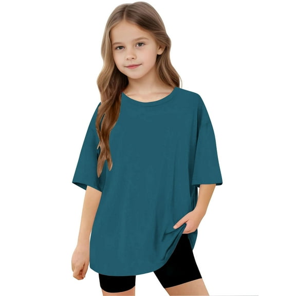 Spazoro Toddler Girls T-shirts, Crewneck Casual Summer Solid Color Short Sleeve Tops Blue Size 5-15T