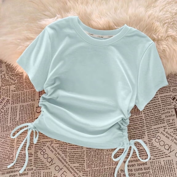 Spazoro Toddler Girls T-shirts, Crewneck Cinched Waist and Drawstring Summer Casual Short Sleeve Tops Blue Size 4-14T