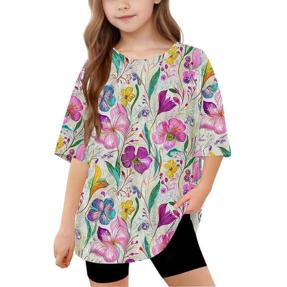 Spazoro Toddler Girls T-shirts, Crewneck Floral Print Summer Casual Short Sleeve Tops Tee Multicolor Size 5 T
