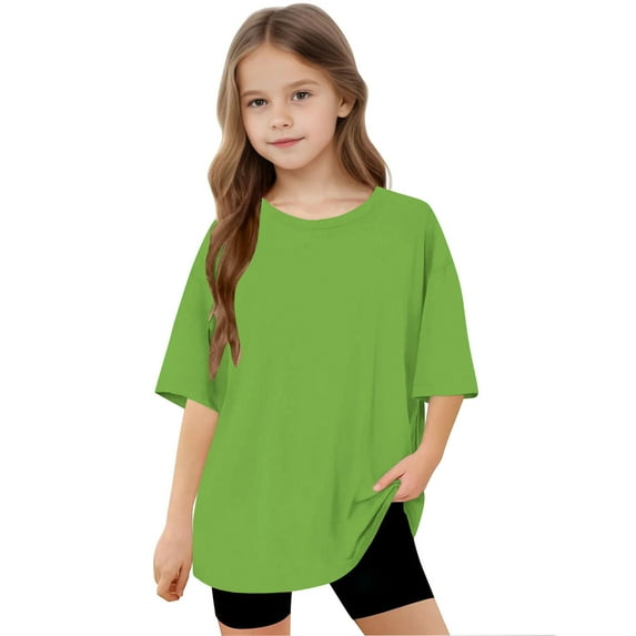 Spazoro Toddler Girls T-shirts, Crewneck Solid Color Casual Summer Short Sleeve Tops Green Size 5-15T
