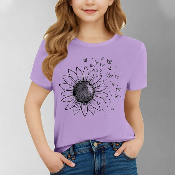 Spazoro Toddler Girls T-shirts, Crewneck Summer Casual Graphic Short Sleeve Tops Tee Purple Size 3-4 T