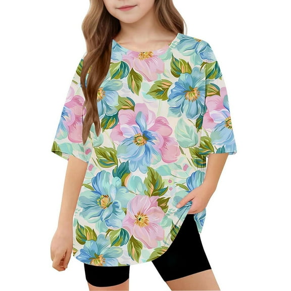 Spazoro Toddler Girls T-shirts, Crewneck Summer Floral Print Casual Short Sleeve Tops Tee Multicolor Size 8 T