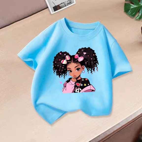 Spazoro Toddler Girls T-shirts, Crewneck Summer Graphic Tee Casual Short Sleeve Tops Light Blue Size 3-12T
