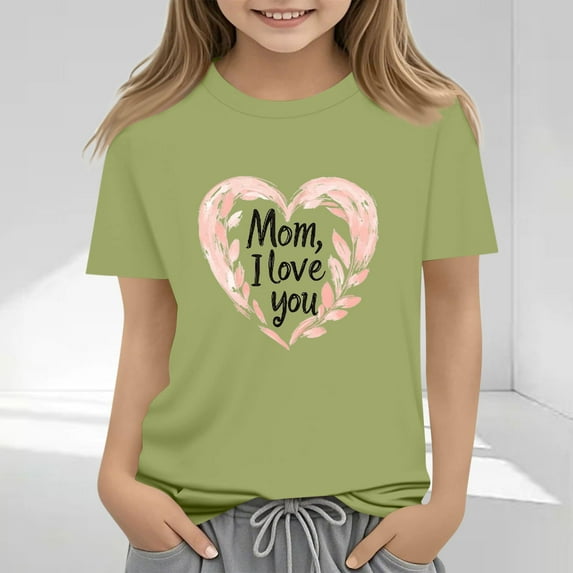 Spazoro Toddler Girls T-shirts, Crewneck Summer Love Mom Casual Short Sleeve Tops Green Size 2-13T