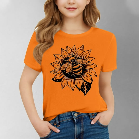 Spazoro Toddler Girls T-shirts, Graphic Casual Crewneck Summer Short Sleeve Tops Tee Orange Size 5-6 T