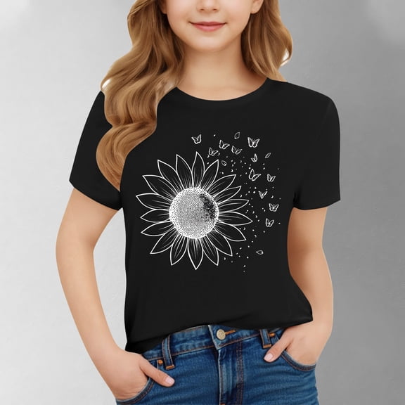 Spazoro Toddler Girls T-shirts, Graphic Summer Casual Crewneck Short Sleeve Tops Tee Black Size 9-10T