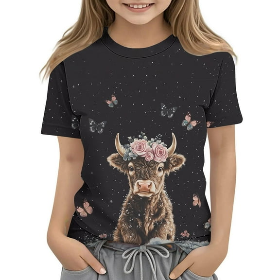 Spazoro Toddler Girls T-shirts, Printed Crewneck Casual Summer Short Sleeve Tops Tee Black Size 9 T
