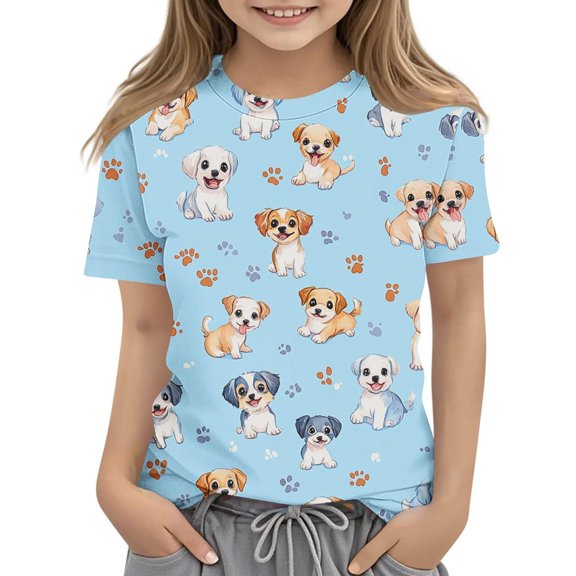 Spazoro Toddler Girls T-shirts, Printed Crewneck Casual Summer Short Sleeve Tops Tee Sky Blue Size 4 T