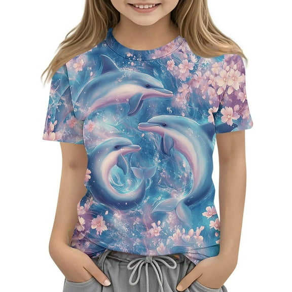 Spazoro Toddler Girls T-shirts, Printed Summer Casual Crewneck Short Sleeve Tops Tee Blue Size 4 T