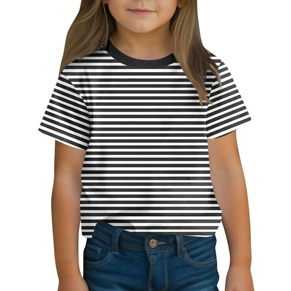 Spazoro Toddler Girls T-shirts, Striped Summer Crewneck Casual Short Sleeve Tops Tee Black Size 13 T