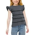 thumbnail image 1 of Spazoro Toddler Girls T-shirts, Summer Casual Crewneck Striped Ruffle Sleeve Tops Dark Gray Size 3-14T, 1 of 8