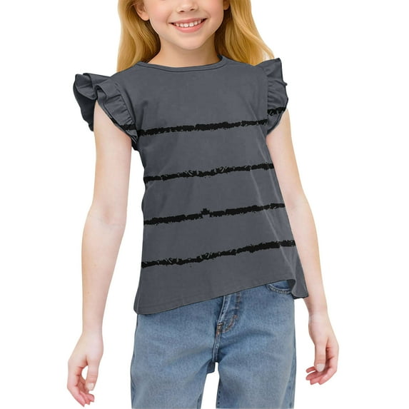 Spazoro Toddler Girls T-shirts, Summer Casual Crewneck Striped Ruffle Sleeve Tops Dark Gray Size 3-14T