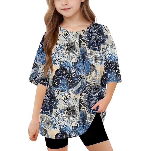 Spazoro Toddler Girls T-shirts, Summer Crewneck Floral Print Casual Short Sleeve Tops Tee Multicolor Size 10 T