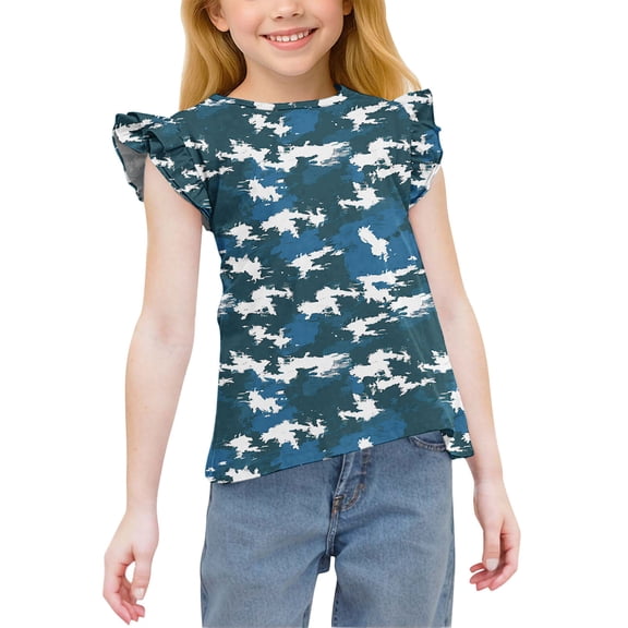 Spazoro Toddler Girls T-shirts, Summer Printed Crewneck Casual Short Sleeve Tops Tee Blue Size 6 T
