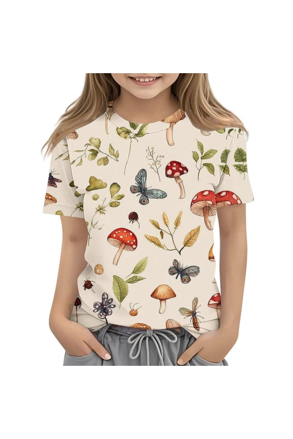 Toddler Girls T-shirts, Summer Printed Crewneck Casual Short Sleeve Tops Tee Khaki Size 4 T