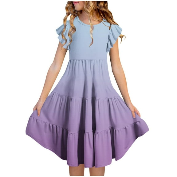 Spazoro Toddler Girls Tiered Dress, Casual Flutter Sleeve with Gradual Color Round Neck Princess Dresses for Child Girls Purple Size 7 T