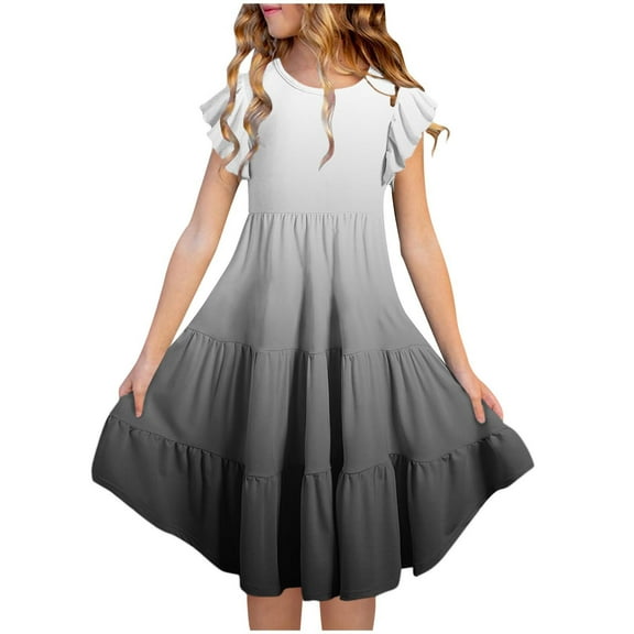 Spazoro Toddler Girls Tiered Dress, Casual with Gradual Color Round Neck Flutter Sleeve Princess Dresses for Child Girls Black Size 9 T